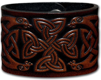 Celtic Leather Bracelet Wristband Cuff Embossed 48mm Celtic Cross (6) Brown-Antique with Snap Fasteners (nickel free)