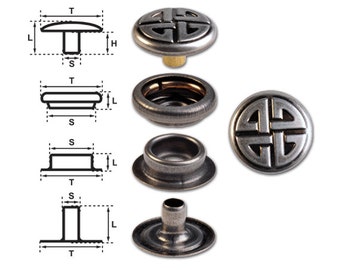 Brass (nickel free) Ring-Spring Snap Fastener Button ‘F3’ 14mm Celtic Knot, Rapid Rivet Button, Finish: Nickel-Antique