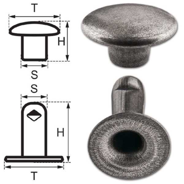 100 Single Cap Hollow Rivets 2-parts 9mm "9/10" Made of Iron (nickel free), Finish: Silver-Antique