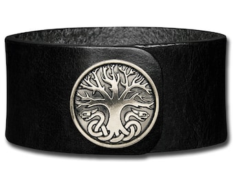 Plain Leather Bracelet Wristband Cuff 32mm Black with Celtic Concho As a Snap Cap (Nickel Free)