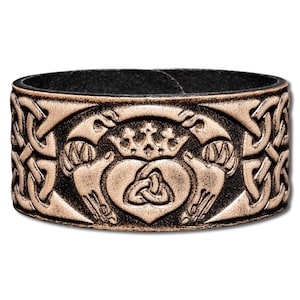 Celtic Leather Bracelet Wristband Cuff Embossed 32mm Claddagh with Celtic Knotwork (7) Black-Antique with Snap Fasteners (nickel free)