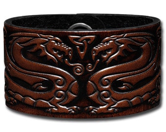 Celtic Leather Bracelet Wristband Cuff Embossed 40mm Celtic Dragons (12) Brown-Antique with Snap Fasteners (nickel free)