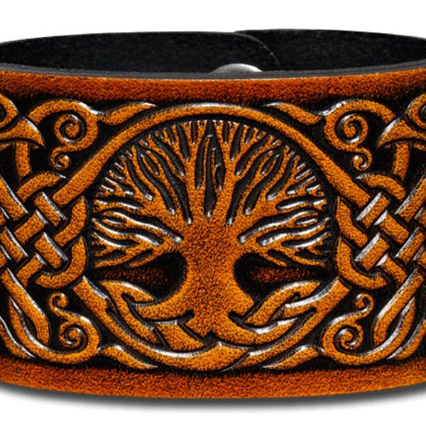 Bracelet en cuir celtique gaufré 48 MM en cuir de bœuf Kelt. Arbre de Vie avec Oiseaux (8) miel antique avec attache à pression (sans nickel)
