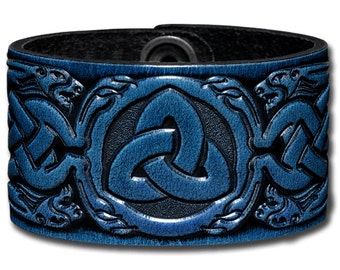 Celtic Leather Bracelet Wristband Cuff Embossed 40mm Trinity Celtic Dragon Heads (4) Blue-Antique with Snap Fasteners (nickel free)