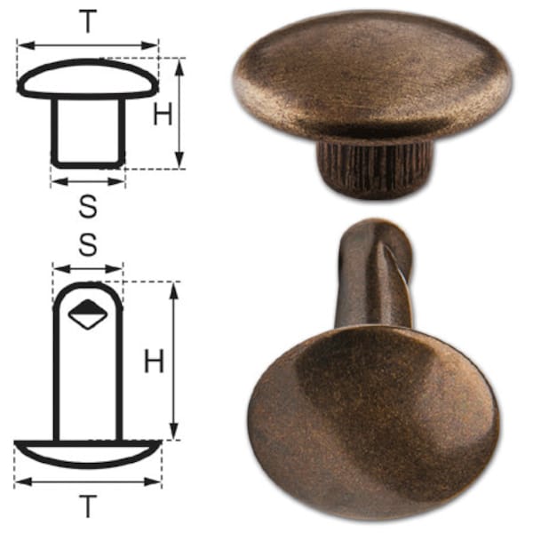 150 Double Cap Hollow Rivets 2-parts 9mm "9/10/2" Made of Iron (nickel free), Finish: Brass-Antique