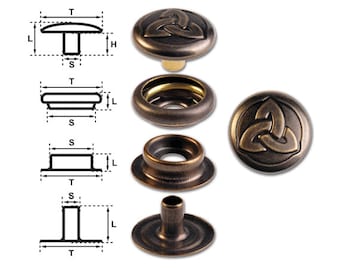 Brass (nickel free) Ring-Spring Snap Fastener Button ‘F3’ 14mm Celtic Trinity, Rapid Rivet Button, Finish: Brass-Antique