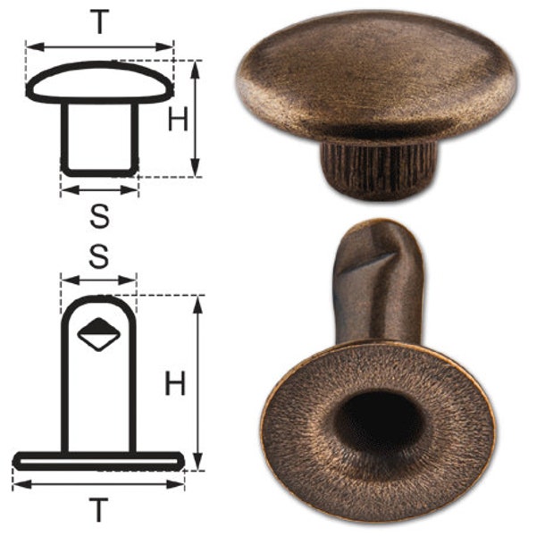 100 Single Cap Hollow Rivets 2-parts 11mm "11/12" Made of Iron (nickel free), Finish: Brass-Antique