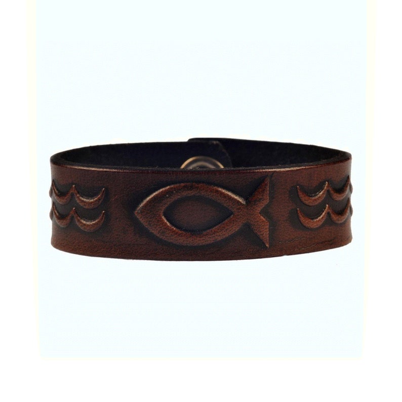 Christian Leather Bracelet Wristband Cuff Embossed 20mm Christian Fish Symbol Brown-Antique with Snap Fasteners nickel free image 1