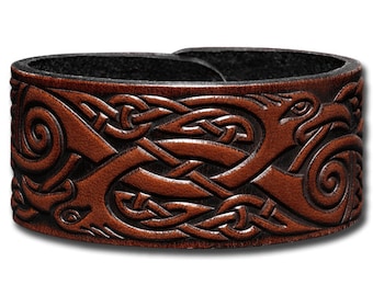 Celtic Leather Bracelet Wristband Cuff Embossed 32mm Celtic Intertwined Cranes (9) Brown-Antique with Snap Fasteners (nickel free)