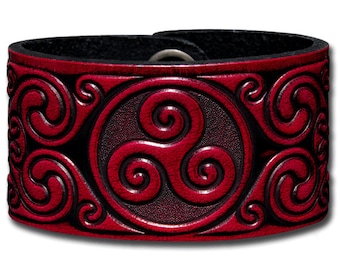 Celtic Leather Bracelet Wristband Cuff Embossed 40mm Triskel with Celtic Spirals (3) Cherr-Red-Antique with Snap Fasteners (nickel free)