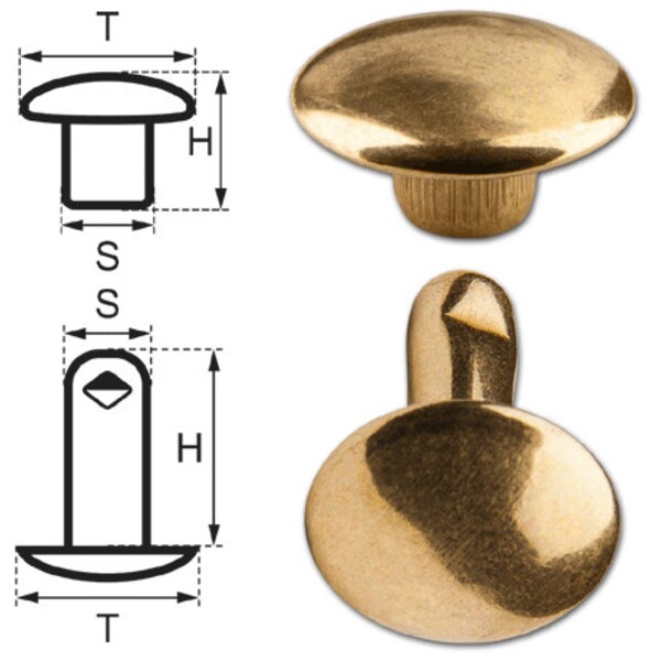 100 Double Cap Hollow Rivets 2-parts 11mm "11/12/2" Made of Iron (nickel free), Finish: Brass-Glossy (Gold-Coloured)