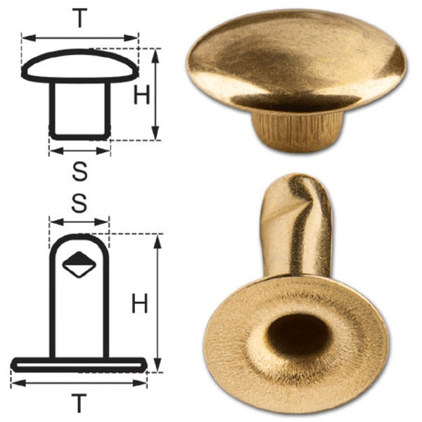 100 Single Cap Hollow Rivets 2-parts 11mm "11/12" Made of Iron (nickel free), Finish: Brass-Glossy (Gold-Coloured)