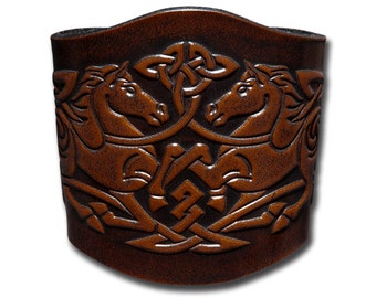 Celtic Leather Bracelet Wristband Cuff Embossed 80mm Celtic Horses (11) Brown-Antique with Snap Fasteners (nickel free)