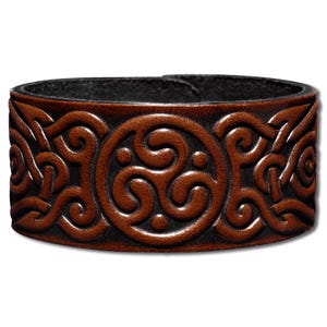 Celtic Leather Bracelet Wristband Cuff Embossed 32mm Triskel with Celtic Knotwork (5) Brown-Antique with Snap Fasteners (nickel free)
