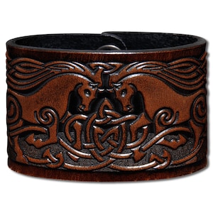 Celtic Leather Bracelet Wristband Cuff Embossed 48mm Celtic Horses (11) Brown-Antique with Snap Fasteners (nickel free)