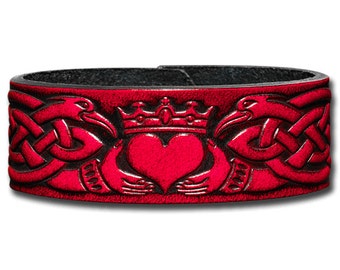 Celtic Leather Bracelet Wristband Cuff Embossed 24mm Claddagh with Celtic Knotwork (8) Cherry-Red-Antique with Snap Fasteners (nickel free)