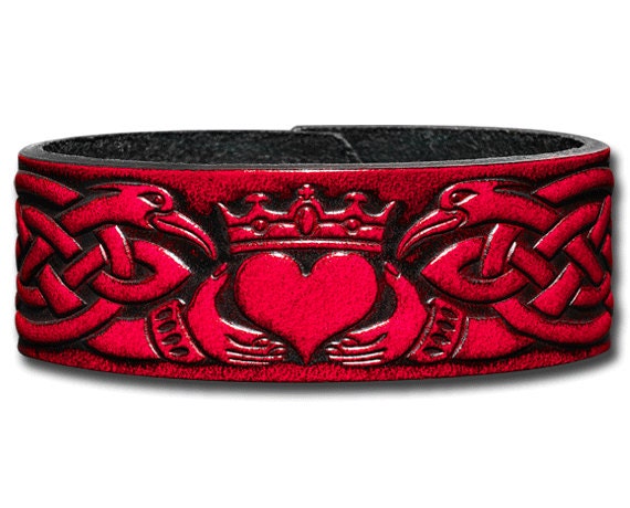 Celtic Leather Bracelet Wristband Cuff Embossed 24mm Claddagh With
