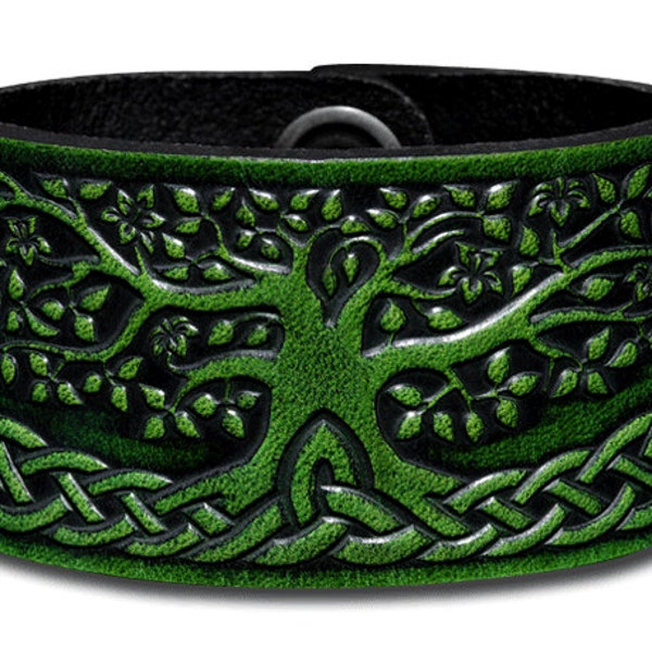 Celtic Leather Bracelet Wristband Cuff Embossed 40mm Celtic Tree of Life (16) Antique-green with Snap Fasteners (nickel free)