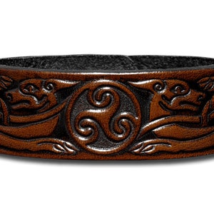 Celtic Leather Bracelet Wristband Cuff Embossed 24mm Triskel with Celtic Dogs (13) Brown-Antique with Snap Fasteners (nickel free)