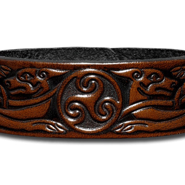 Bracelet en cuir celtique gaufré 24 MM en cuir de vachette Triskele avec chiens celtiques (13) marron-antique avec mousqueton (sans nickel)