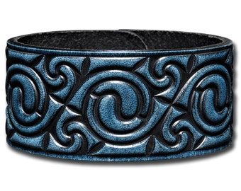 Celtic Leather Bracelet Wristband Cuff Embossed 32mm Celtic Spirals (3) Blue-Antique with Snap Fasteners (nickel free)