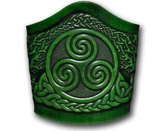 Celtic Lace-up Leather Bracelet Wristband Cuff Embossed 90mm Triskel with Celtic Tree of Life (5) Green-Antique