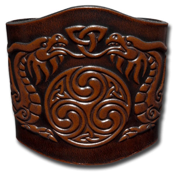 Bracelet en cuir celtique gaufré 80 MM en cuir de bétail dragon celtique avec triskele (12) brun-antique avec attache à pression (sans nickel)