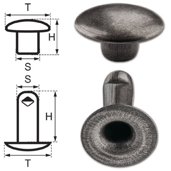 150 Single Cap Hollow Rivets 2-parts 9mm "9/10" Made of Iron (nickel free), Finish: Nickel-Antique