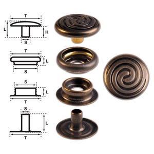 Brass (nickel free) Ring-Spring Snap Fastener Button ‘F3’ 15.2mm Celtic Spiral, Rapid Rivet Button, Finish: Brass-Antique