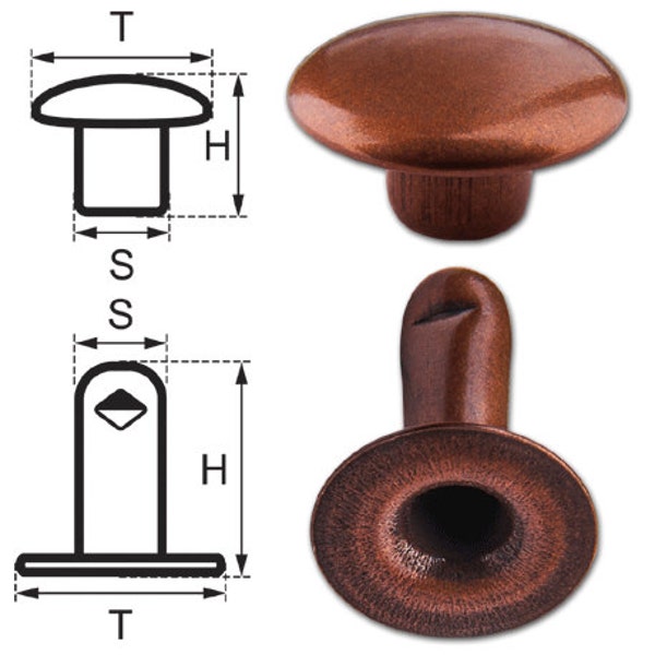 200 Single Cap Hollow Rivets 2-parts 7mm "7/8" Made of Iron (nickel free), Finish: Copper-Antique