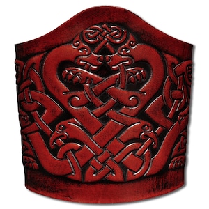 Celtic Lace-up Leather Bracelet Wristband Cuff Embossed 90mm Celtic Dragons with Celtic Birds (9) Mahogany-Antique