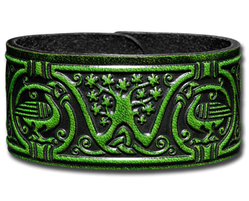 Leather Bracelet Wristband Cuff Embossed 32mm Celtic Tree of Life Antique-green with Snap Fasteners 6