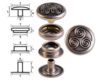 Brass (nickel free) Ring-Spring Snap Fastener Button “F3” 17mm Celtic Triskel, Rapid Rivet Button, Finish: Silver-Antique