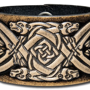 Celtic Leather Bracelet Wristband Cuff Embossed 48mm Celtic Dogs (10) Black-Antique with Snap Fasteners (nickel free)