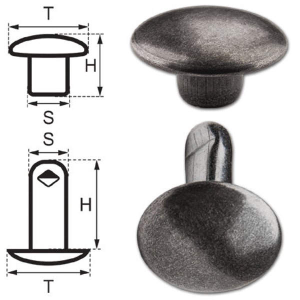 150 Double Cap Hollow Rivets 2-parts 9mm "9/10/2" Made of Iron (nickel free), Finish: Nickel-Antique