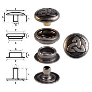 Brass (nickel free) Ring-Spring Snap Fastener Button ‘F3’ 14mm Celtic Trinity, Rapid Rivet Button, Finish: Nickel-Antique