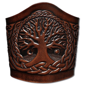 Celtic Lace-up Leather Bracelet Wristband Cuff Embossed 90mm Celtic Tree of Life with Celtic Birds (7) Brown-Antique
