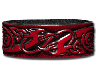 Celtic Leather Bracelet Wristband Cuff Embossed 24mm Celtic Cranes (9) Mahogany-Antique with Snap Fasteners (nickel free)