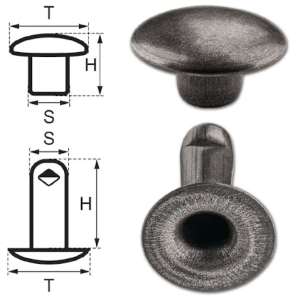 200 Single Cap Hollow Rivets 2-parts 7mm "7/8" Made of Iron (nickel free), Finish: Nickel-Antique