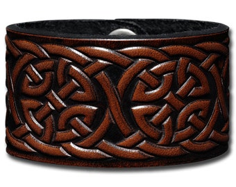 Leather Bracelet Wristband Cuff Embossed 40mm Celtic Knotwork (1) Brown-Antique with Snap Fasteners (nickel free)