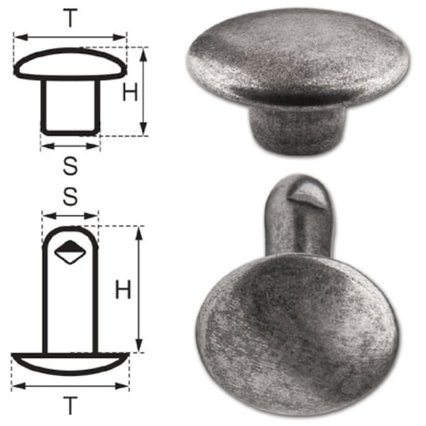 50 Double Cap Hollow Rivets 2-parts 11mm "11/12/2" Made of Iron (nickel free), Finish: Silver-Antique