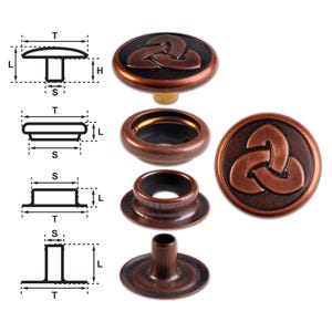 Brass (nickel free) Ring-Spring Snap Fastener Button “F3” 17mm Celtic Trinity, Rapid Rivet Button, Finish: Copper-Antique