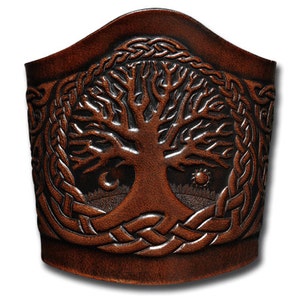 Celtic Lace-up Leather Bracelet Wristband Cuff Embossed 90mm Celtic Tree of Life with Celtic Birds (7) Brown-Antique