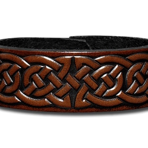 Celtic Leather Bracelet Wristband Cuff Embossed 24mm Celtic Knotwork (2) Brown-Antique with Snap Fasteners (nickel free)