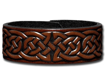 Celtic Leather Bracelet Wristband Cuff Embossed 24mm Celtic Knotwork (2) Brown-Antique with Snap Fasteners (nickel free)