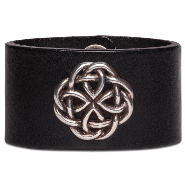 Bracelet en cuir noir 40 MM en cuir de vachette avec rivet à vis décoratif Nœud celtique rond et bouton-pression (sans nickel)