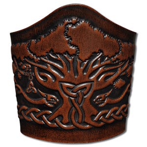 Celtic Lace-up Leather Bracelet Wristband Cuff Embossed 90mm Celtic Tree of Life with Celtic Dragons (6) Brown-Antique