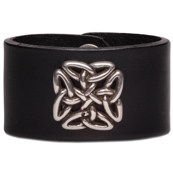 Bracelet en cuir noir 40 MM en cuir de vachette avec rivet à vis décoratif Nœud celtique carré et fermeture à pression (sans nickel)