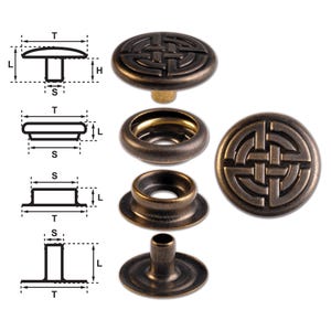 Brass (nickel free) Ring-Spring Snap Fastener Button “F3” 17mm Celtic Knot, Rapid Rivet Button, Finish: Brass-Antique