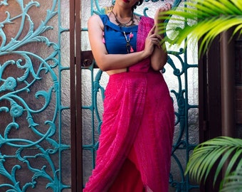 Raw silk crop top and pink draped skirt saree/ Designer Draped Skirt saree with blue crop top/blouse/ Pink Drape printed skirt Saree